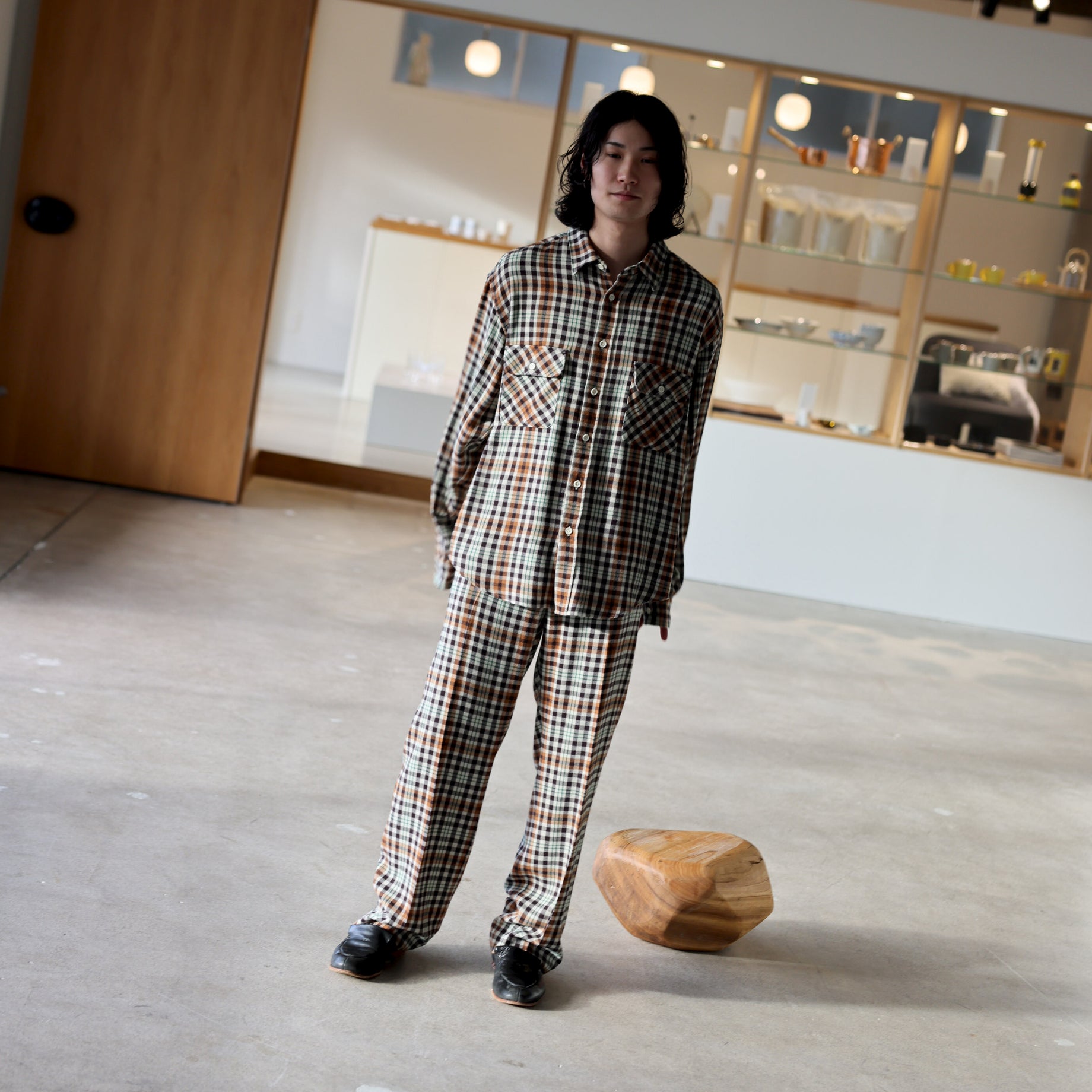 RAYON CHECK SHIRT（BEIGE × BROWN）