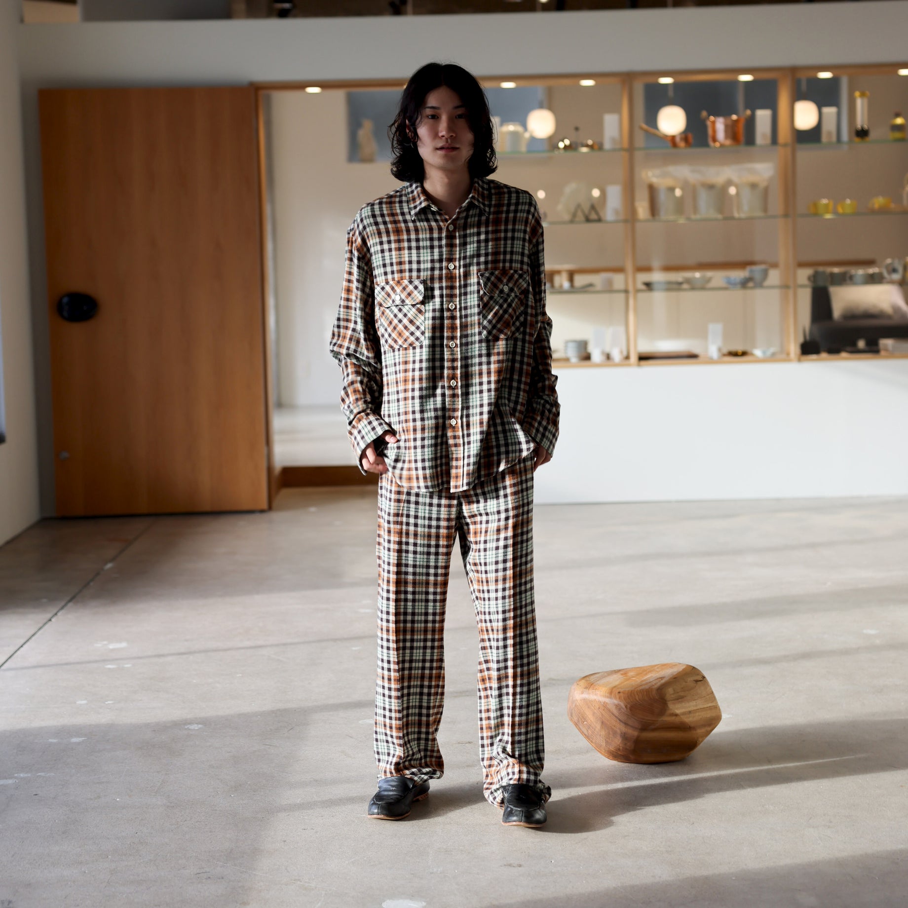 RAYON CHECK SHIRT（BEIGE × BROWN）