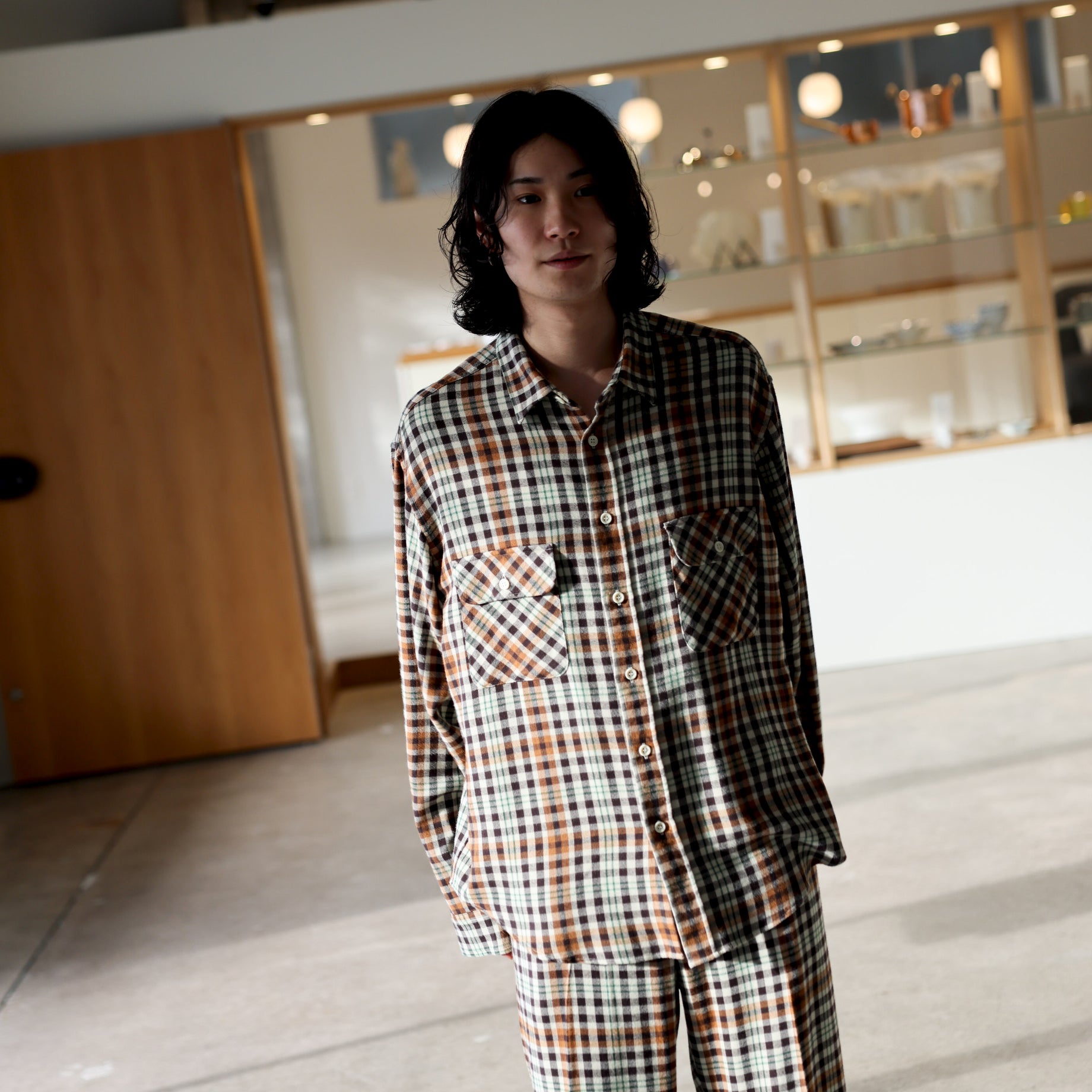 RAYON CHECK SHIRT（BEIGE × BROWN）