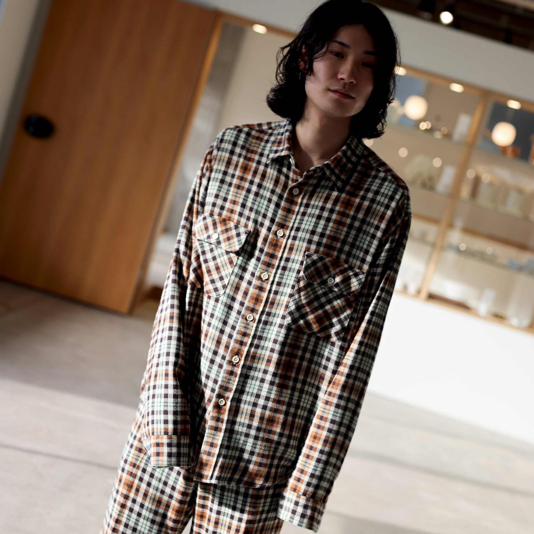 RAYON CHECK SHIRT（BEIGE × BROWN）
