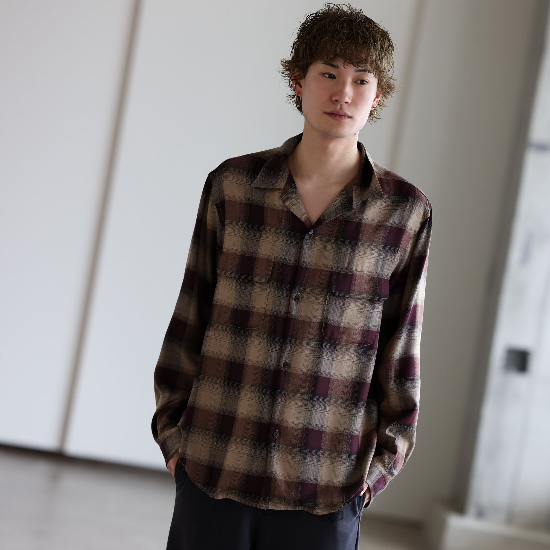 PLAID OPEN COLLAR SHIRTS （WINE RED）