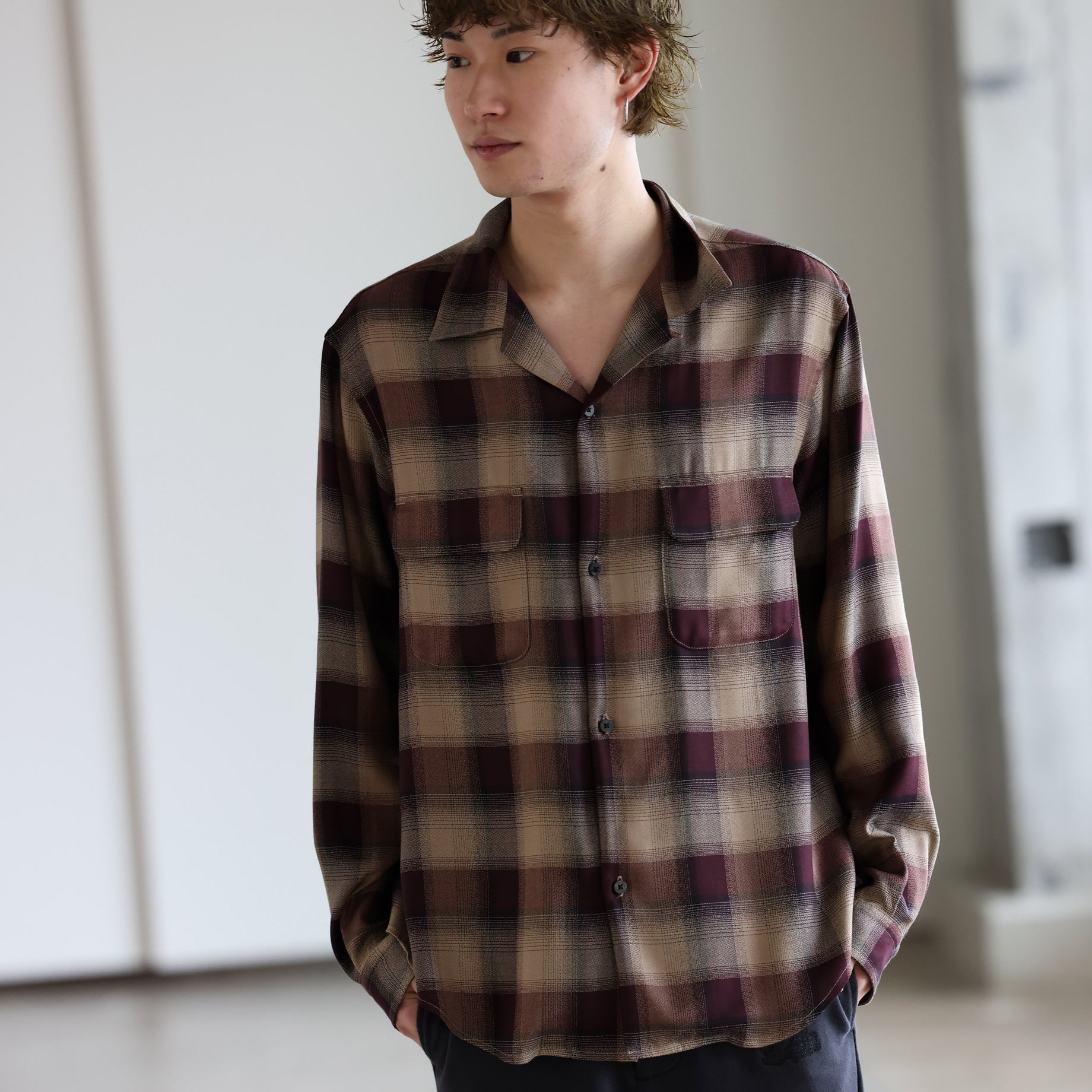 PLAID OPEN COLLAR SHIRTS （WINE RED）