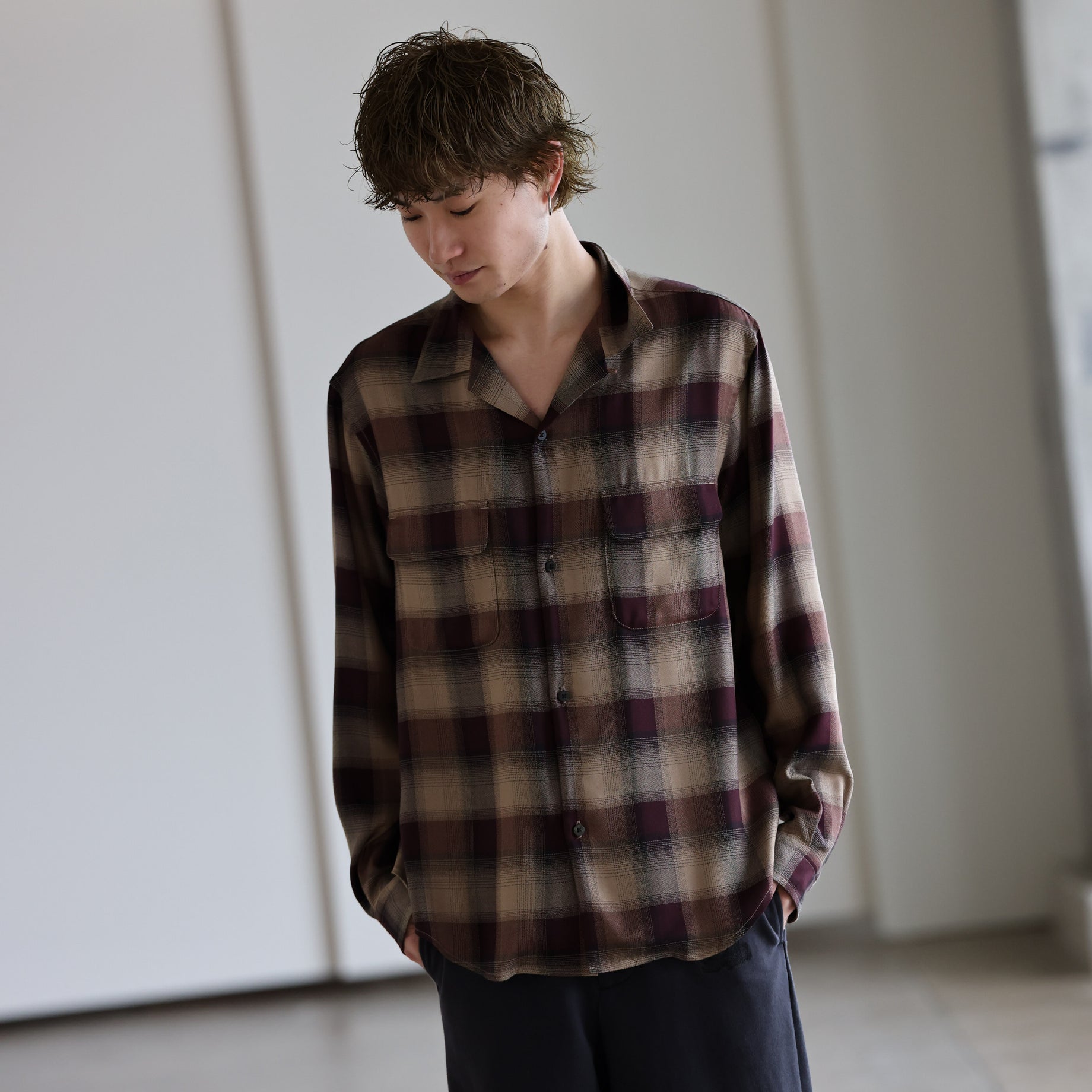 PLAID OPEN COLLAR SHIRTS （WINE RED）