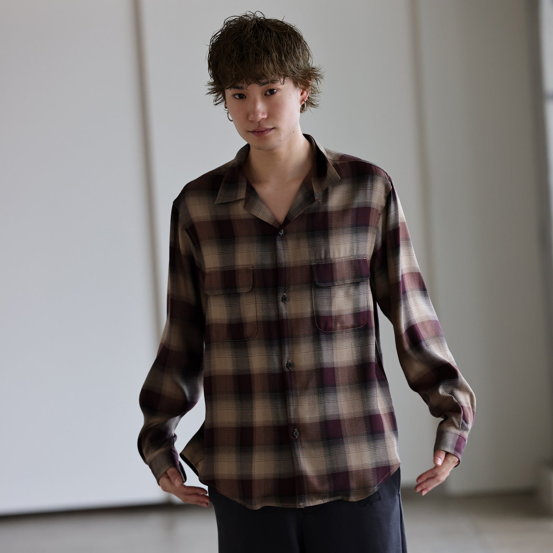 PLAID OPEN COLLAR SHIRTS （WINE RED）