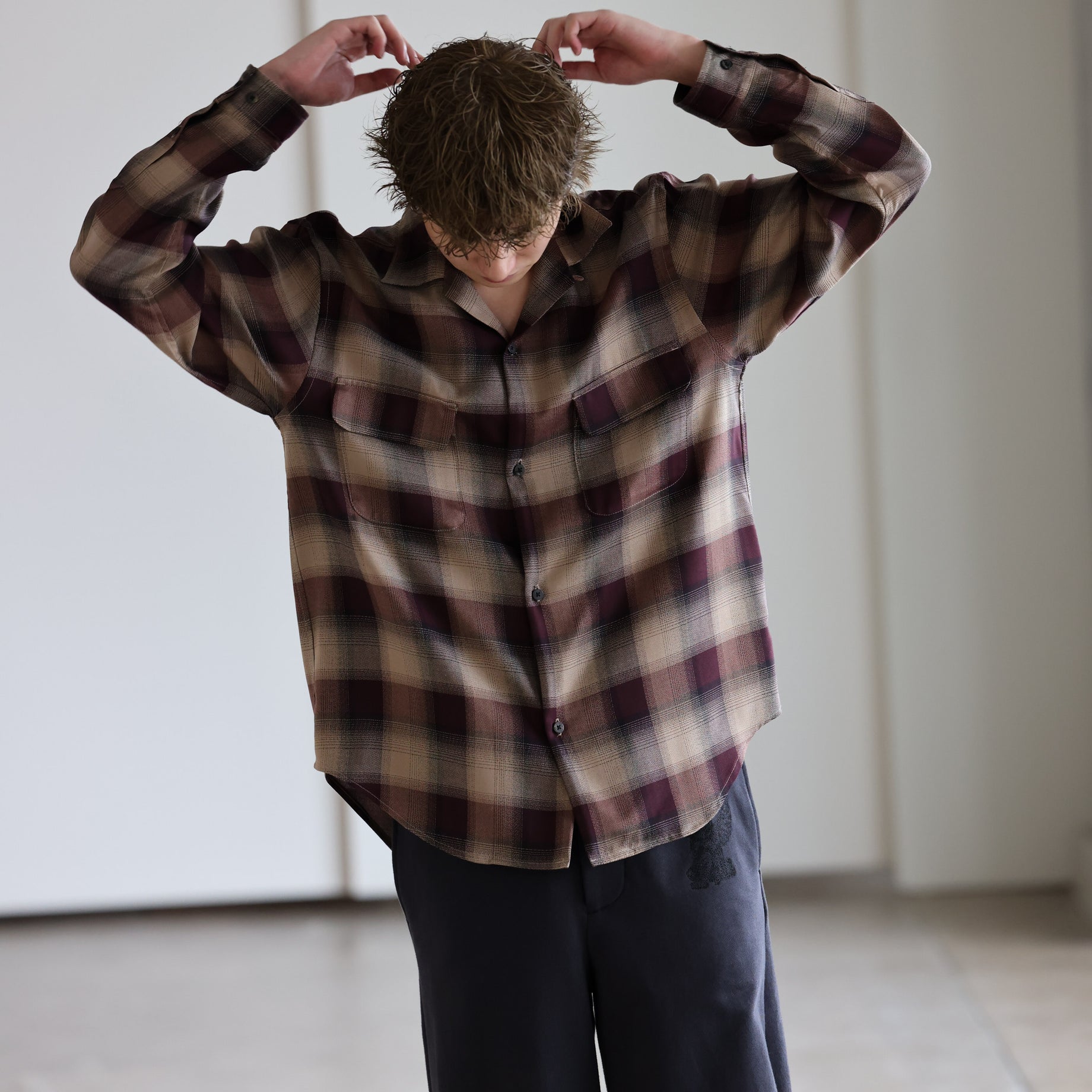 PLAID OPEN COLLAR SHIRTS （WINE RED）
