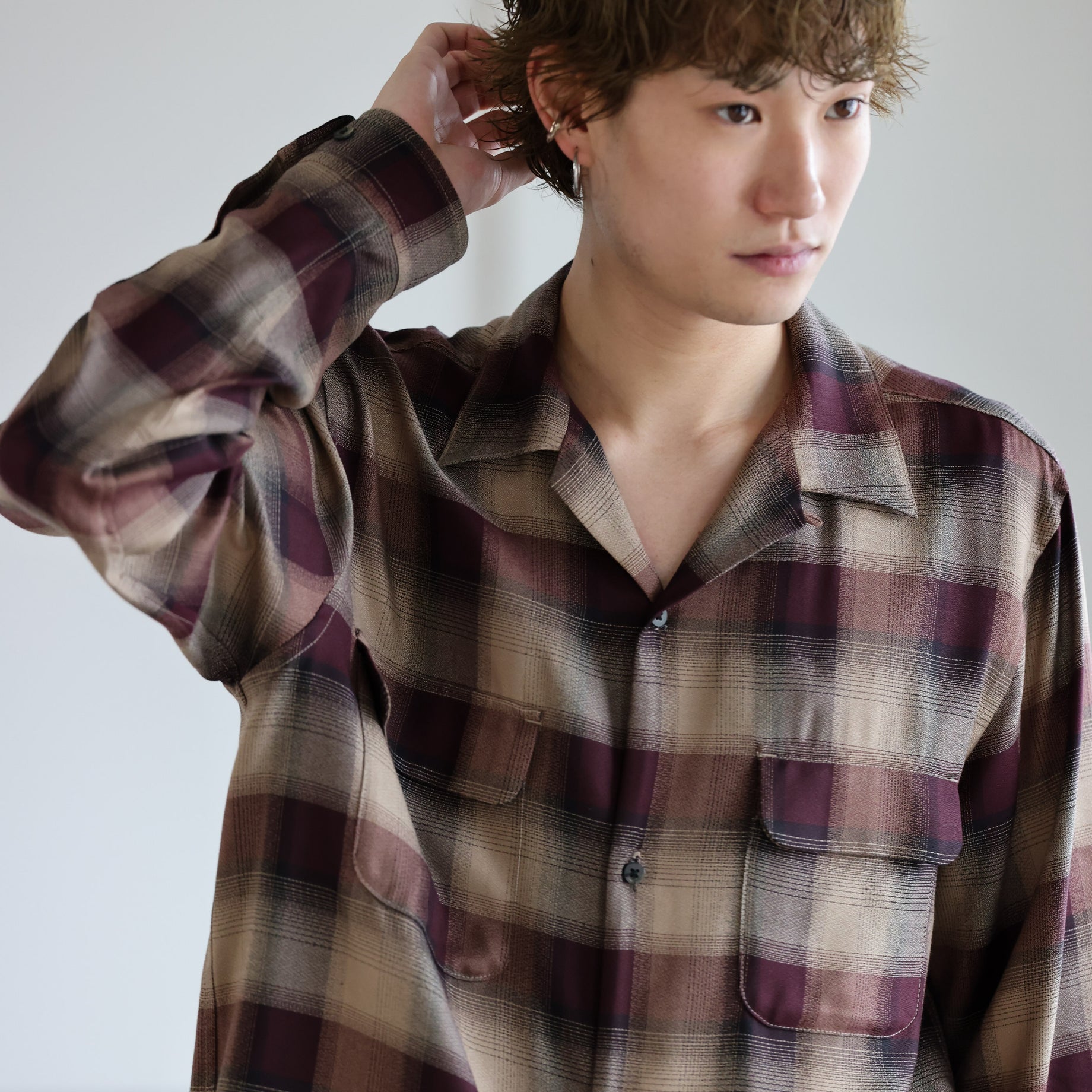 PLAID OPEN COLLAR SHIRTS （WINE RED）