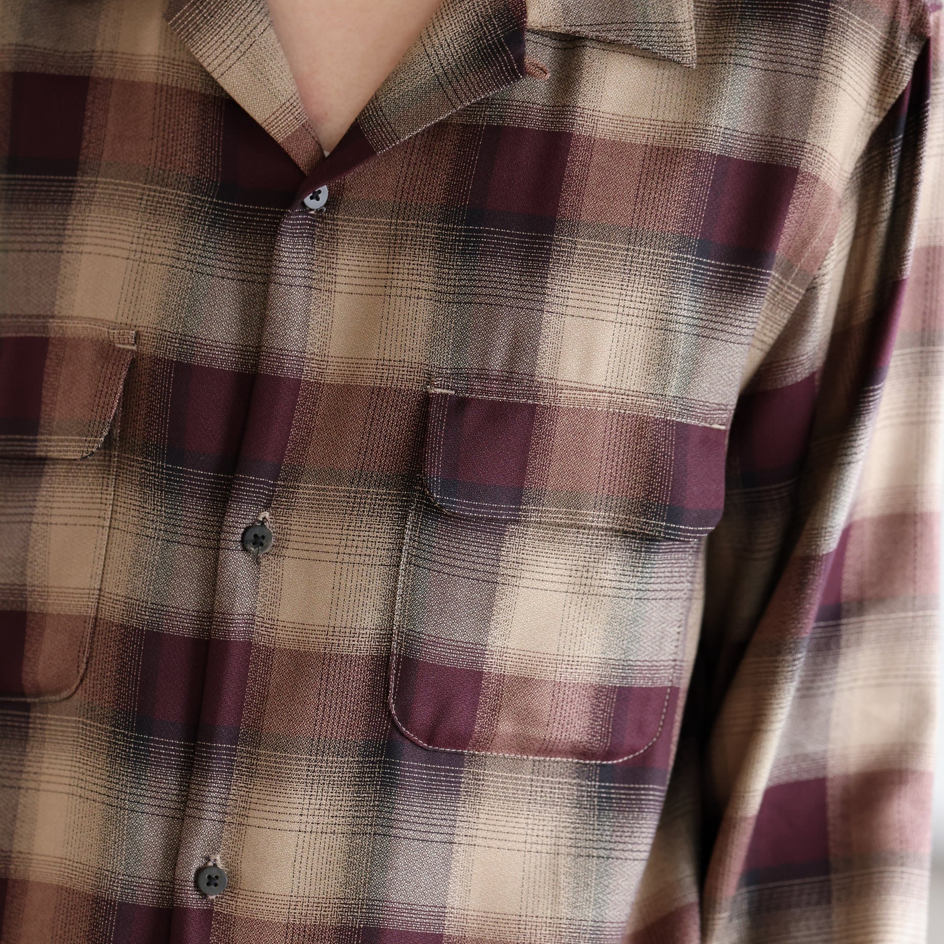 PLAID OPEN COLLAR SHIRTS （WINE RED）