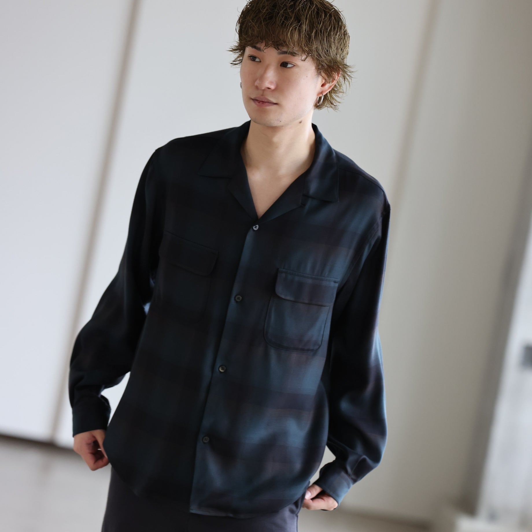 PLAID OPEN COLLAR SHIRTS （DEEP GREEN）