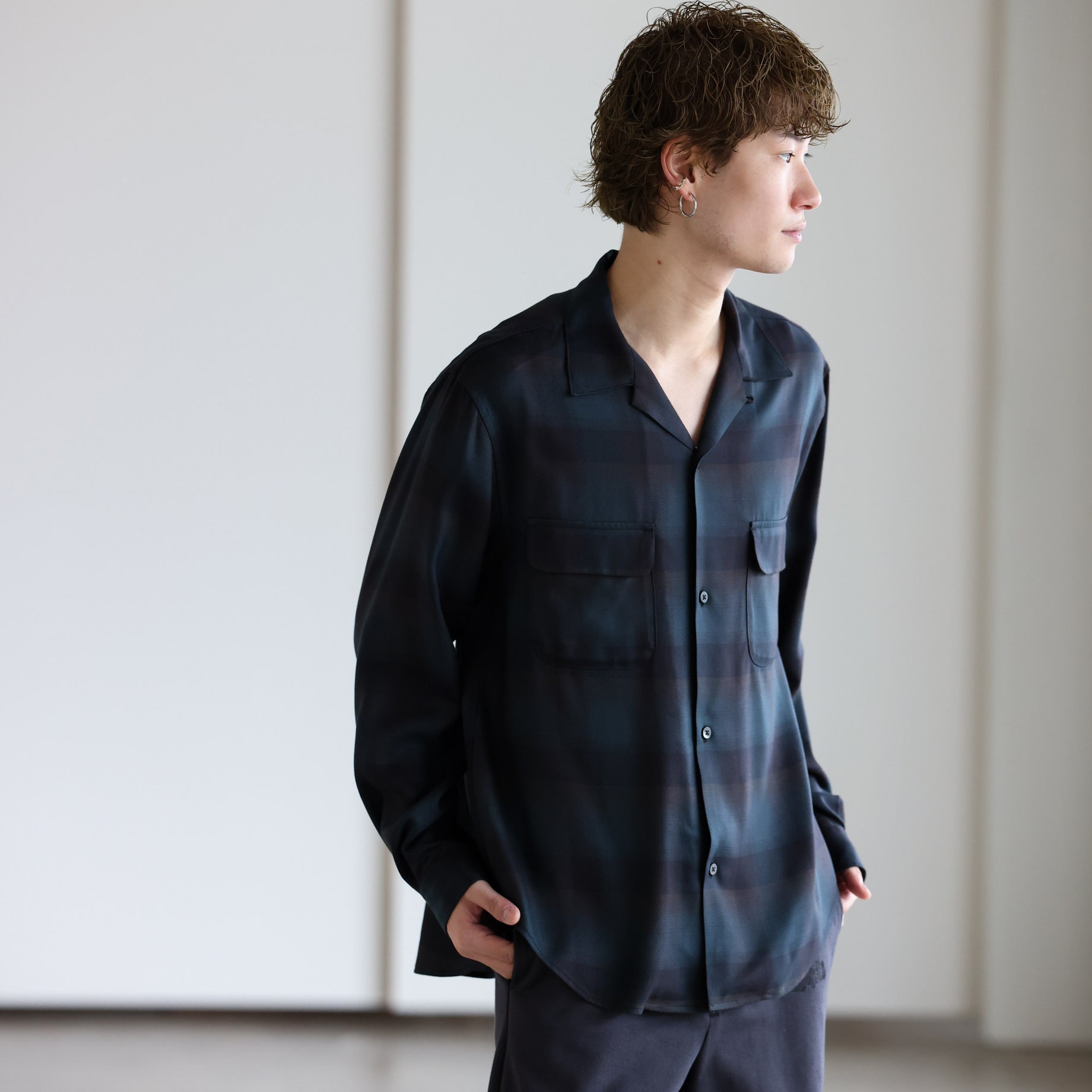 PLAID OPEN COLLAR SHIRTS （DEEP GREEN）