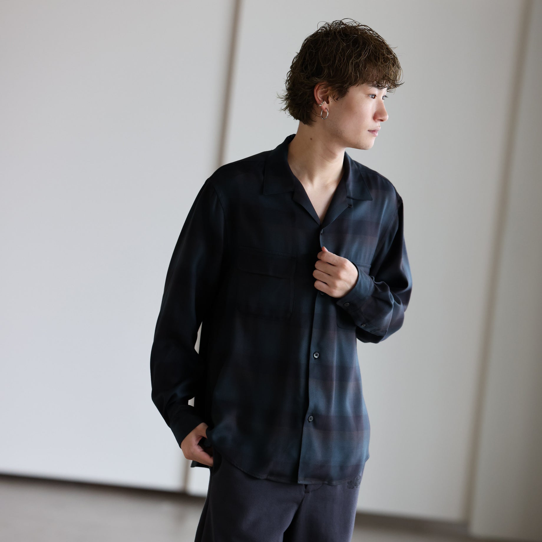 PLAID OPEN COLLAR SHIRTS （DEEP GREEN）