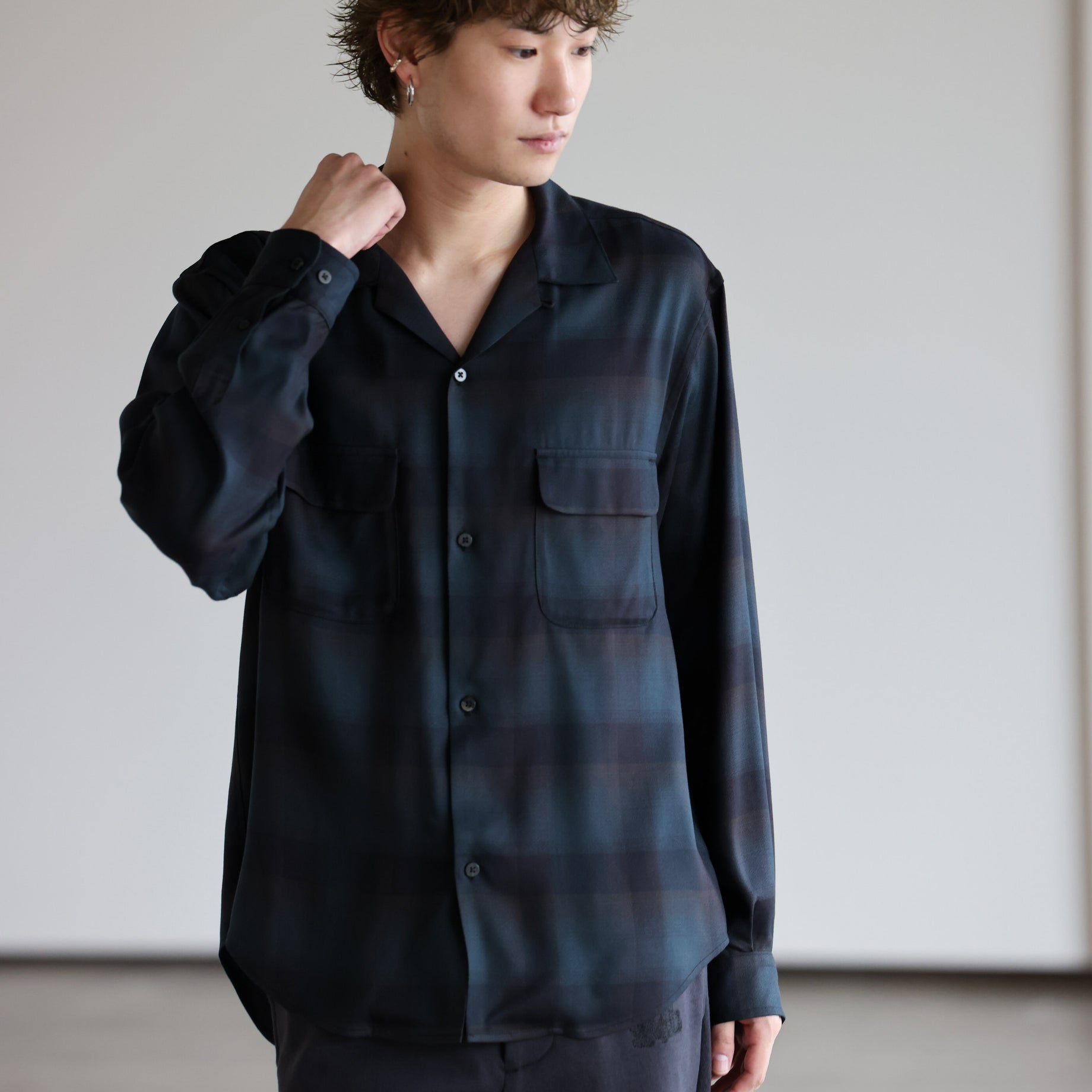 PLAID OPEN COLLAR SHIRTS （DEEP GREEN）