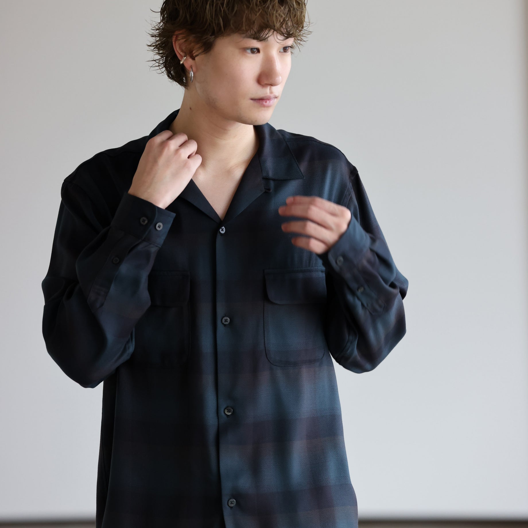 PLAID OPEN COLLAR SHIRTS （DEEP GREEN）