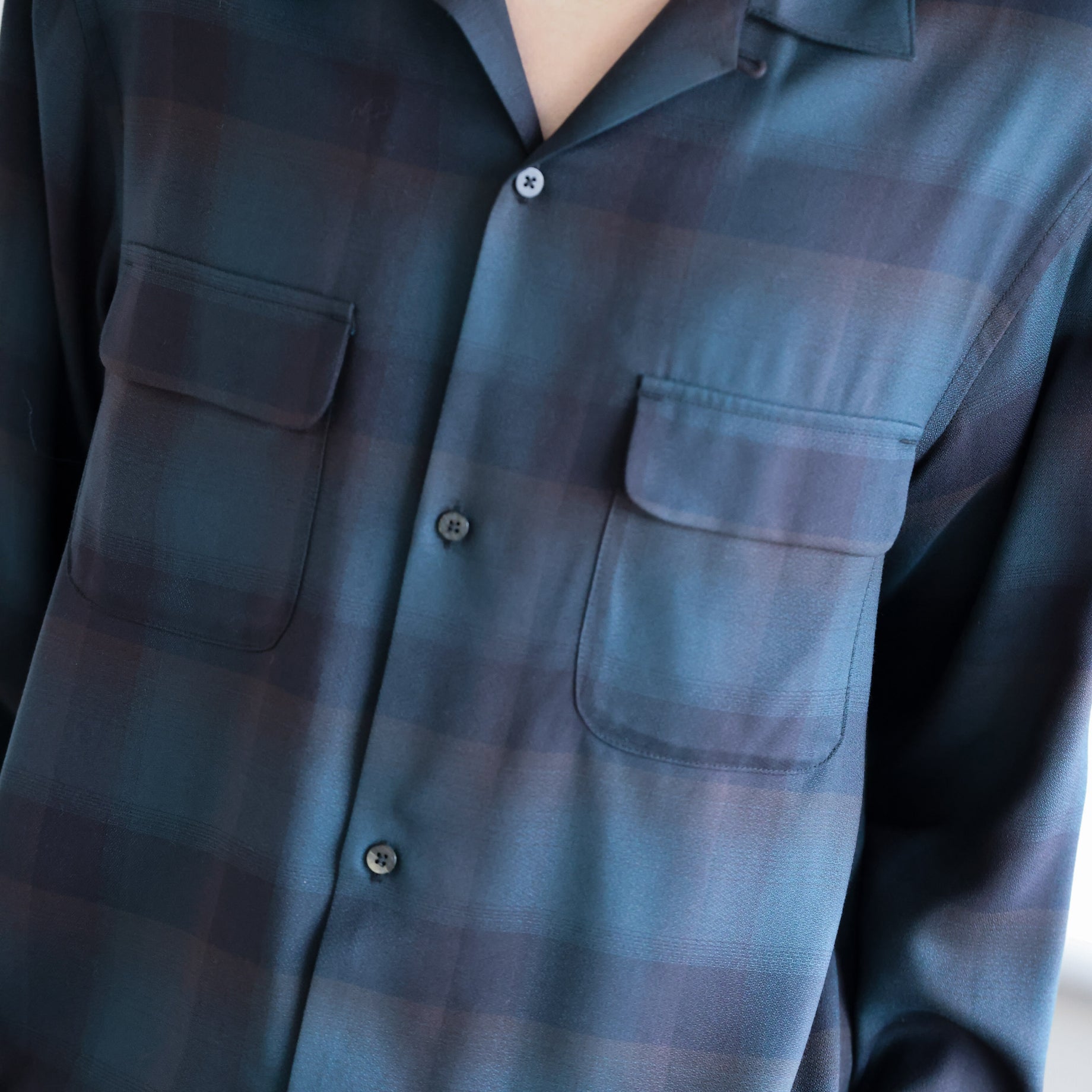 PLAID OPEN COLLAR SHIRTS （DEEP GREEN）
