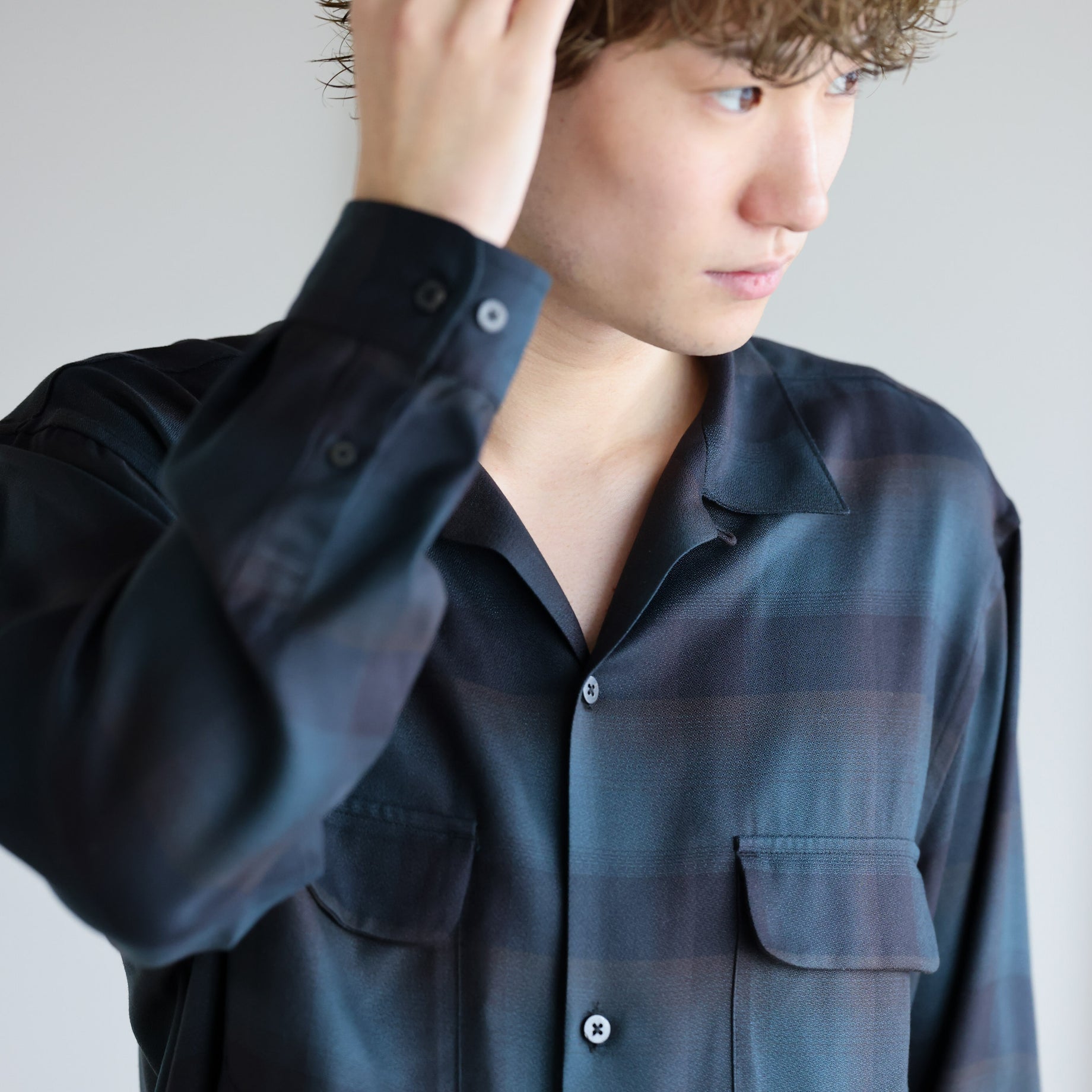 PLAID OPEN COLLAR SHIRTS （DEEP GREEN）