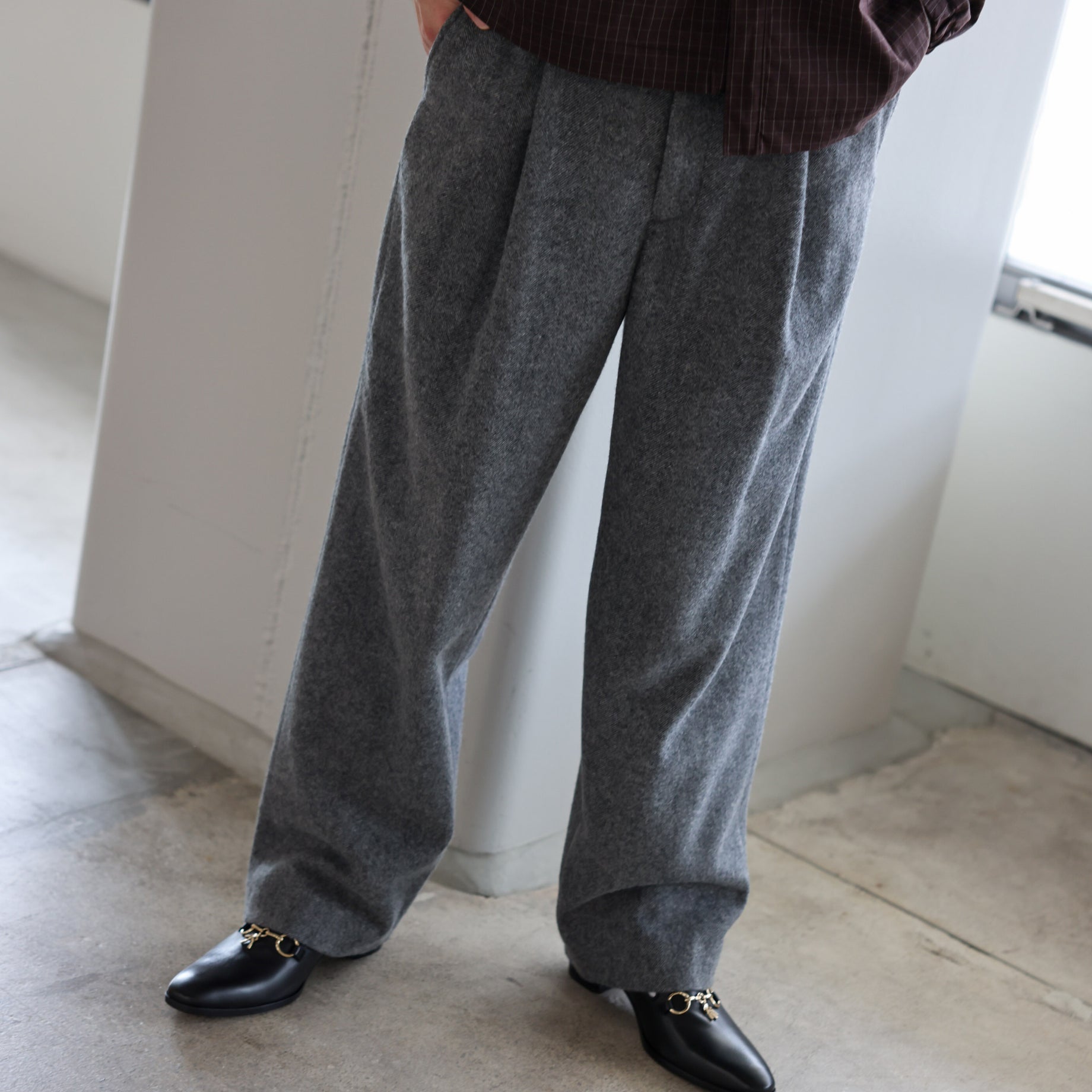 WOOL LIGHT TWEED - 1TUCK PANTS （M.GRAY）