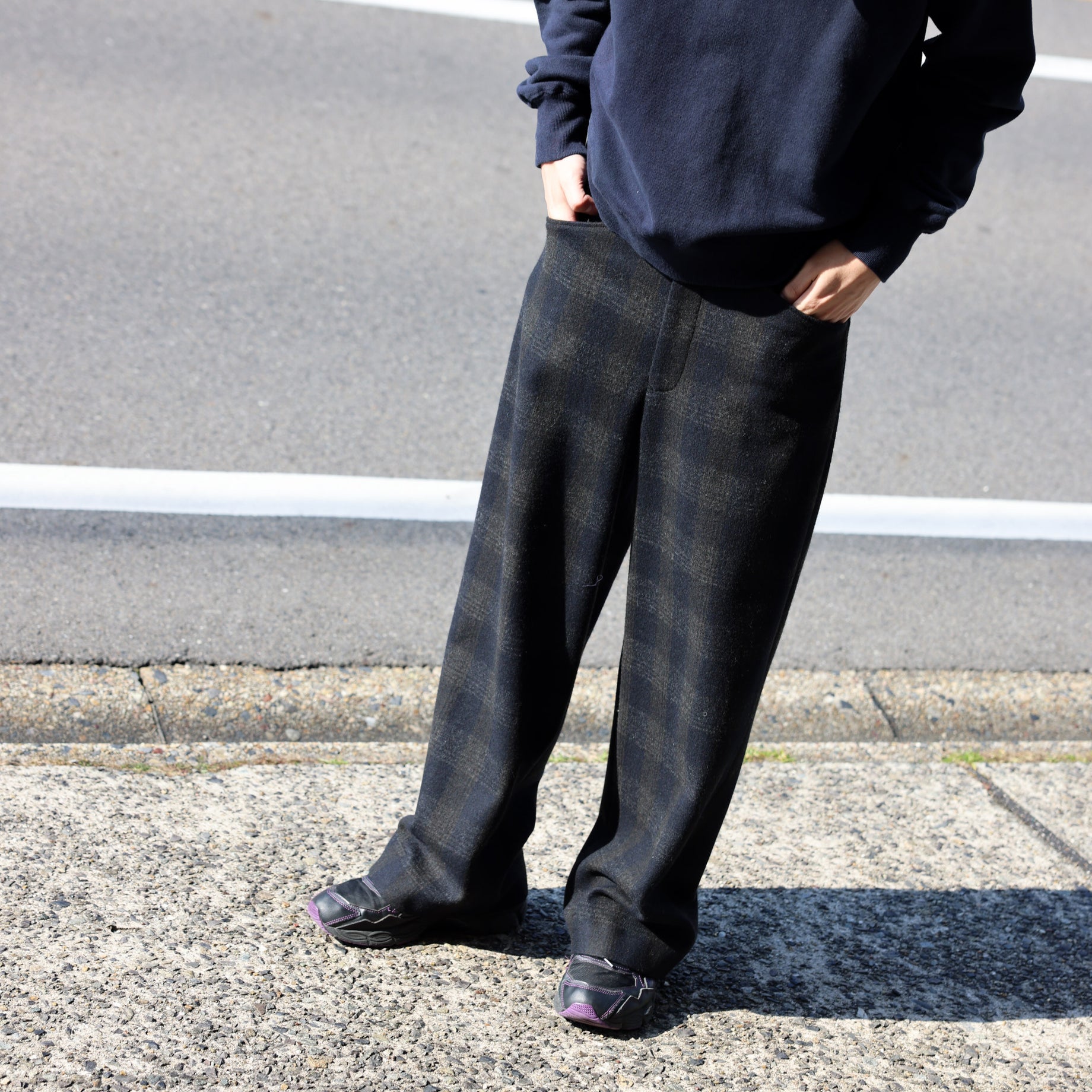 WOOL GLENCHECK - WIDE PANTS （D.NAVY）