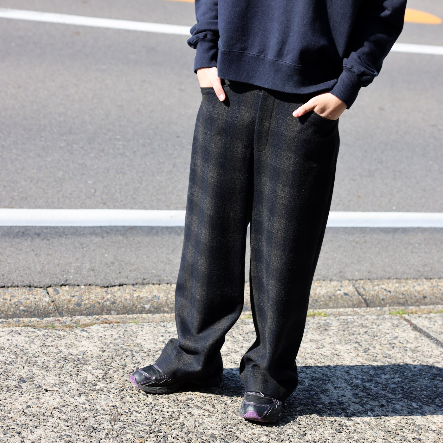WOOL GLENCHECK - WIDE PANTS （D.NAVY）