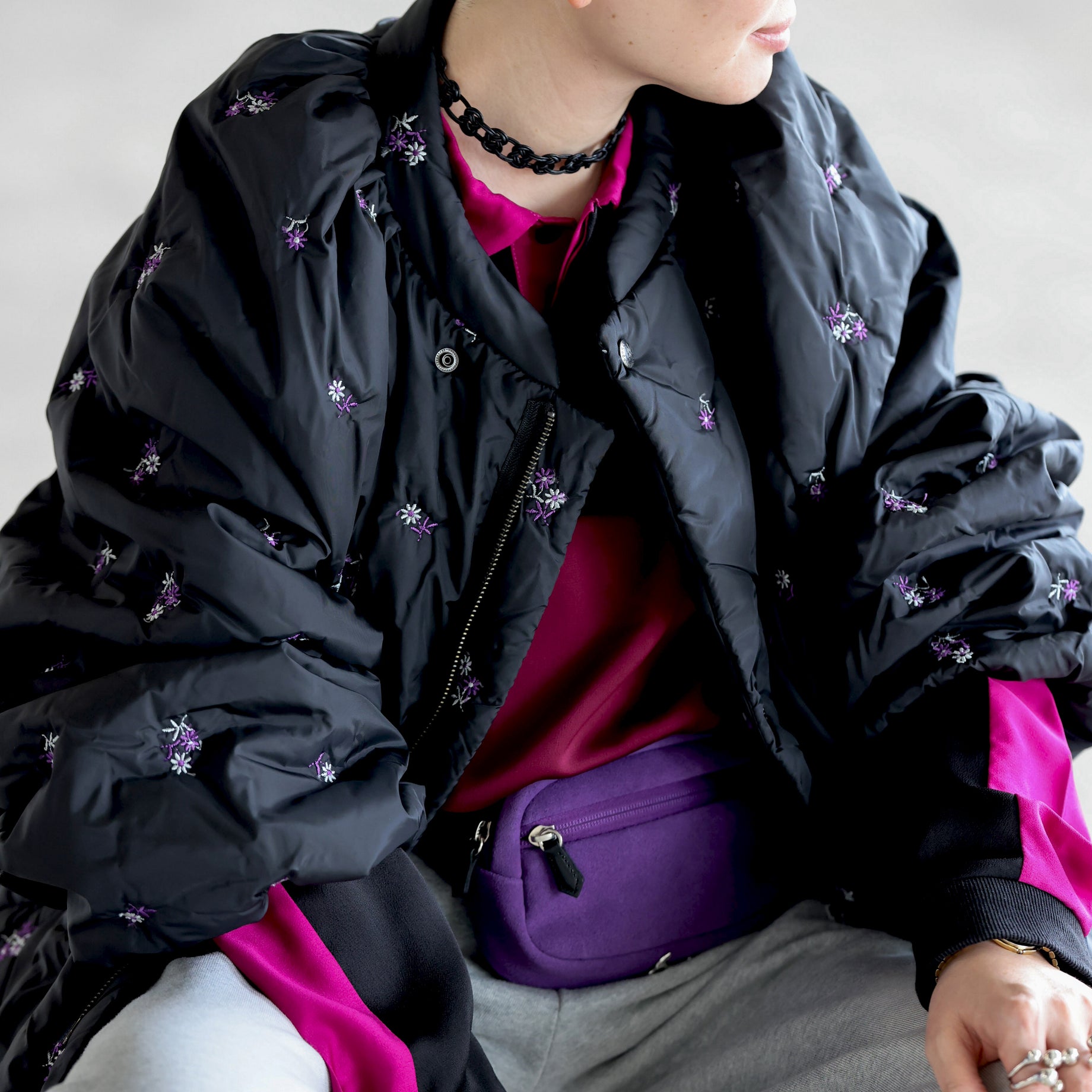 PADDED COAT - ORIGINAL FLORAL EMB.（BLACK）