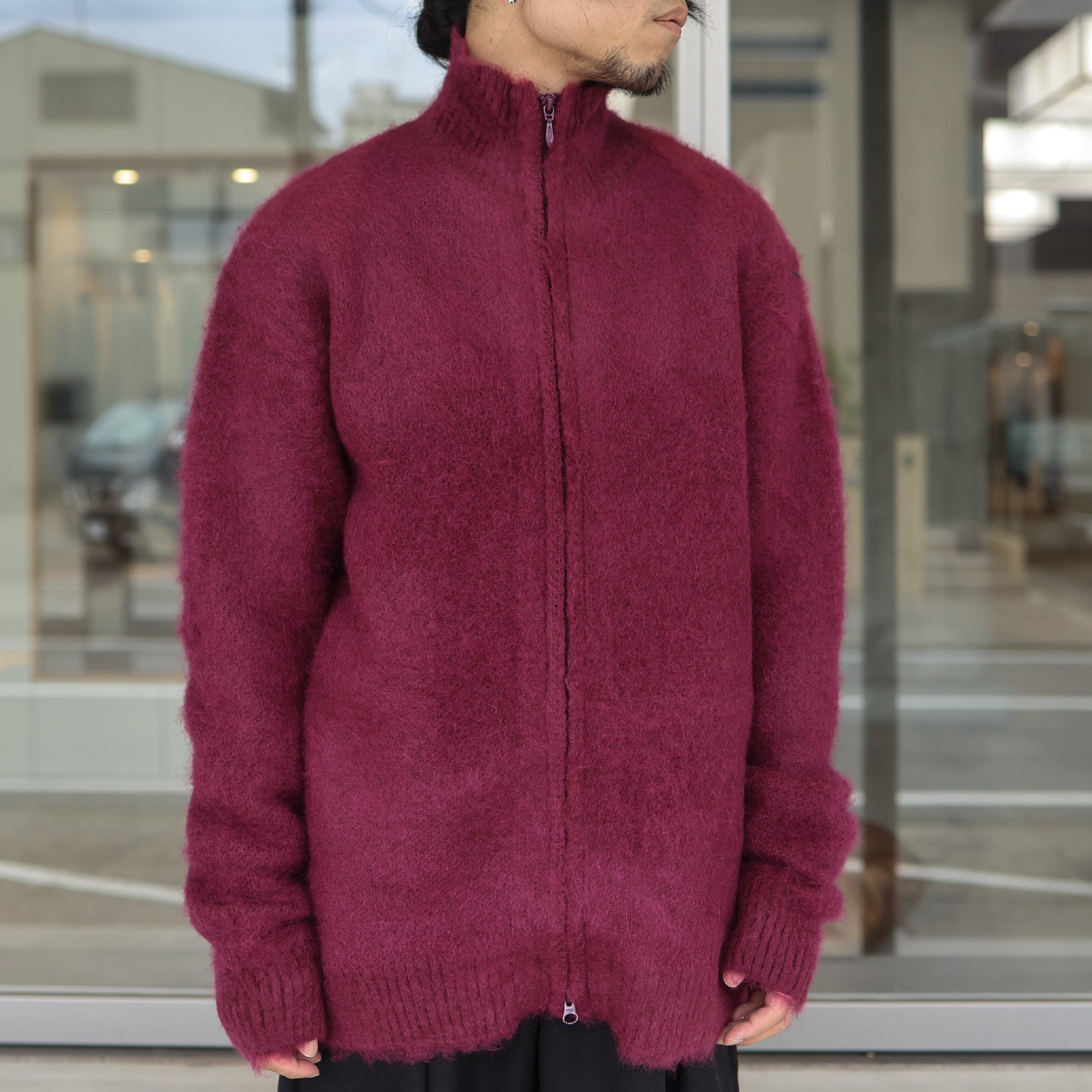 ZIPPED MOHAIR CARDIGAN - SOLID（BORDEAUX）