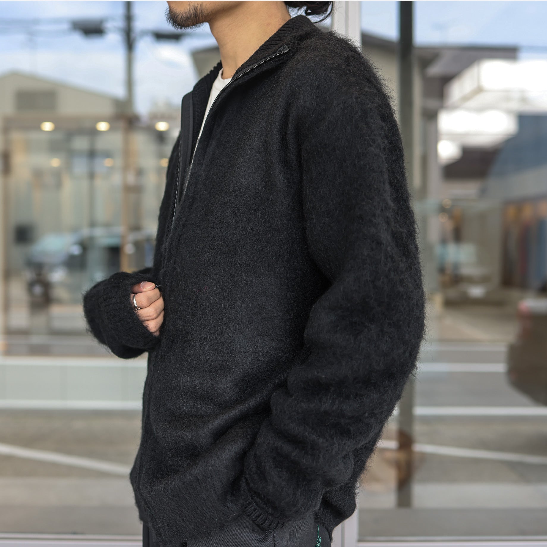 ZIPPED MOHAIR CARDIGAN - SOLID（BLACK）