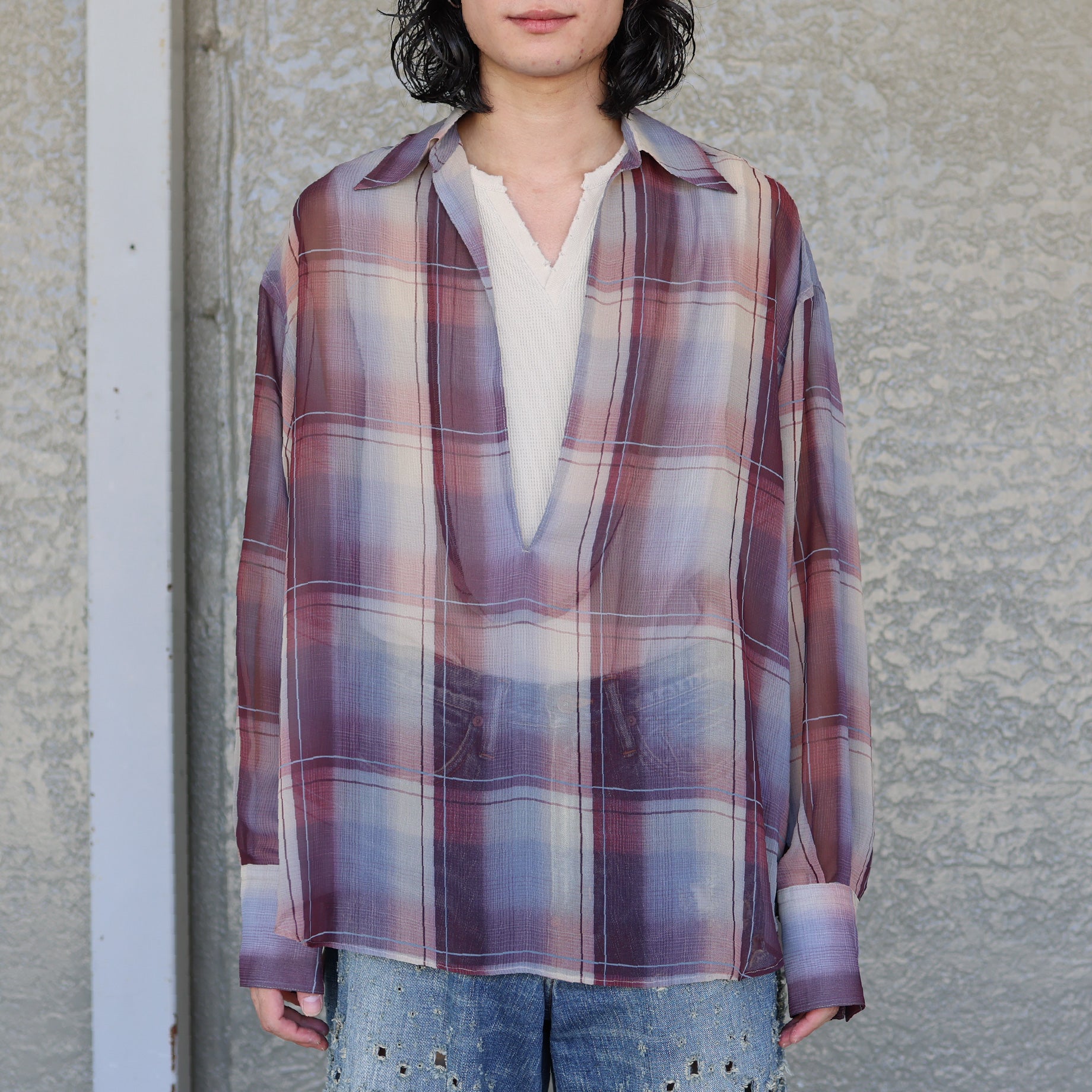 SHEER OMBRE BLOUSE（WINE×ICE BLUE）