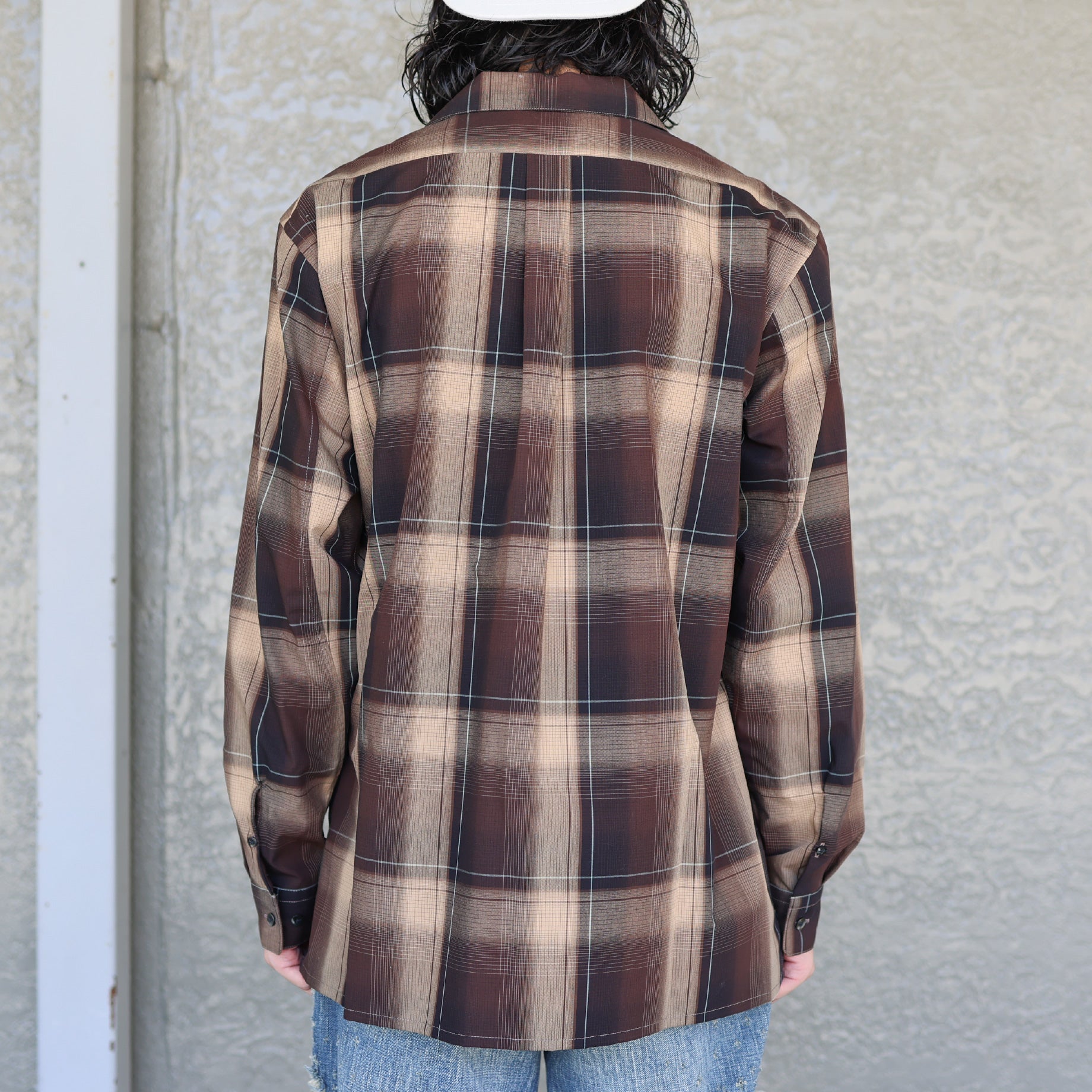 OMBRE PLAID OPEN COLLAR BLOUSE（BROWN×CAMEL）