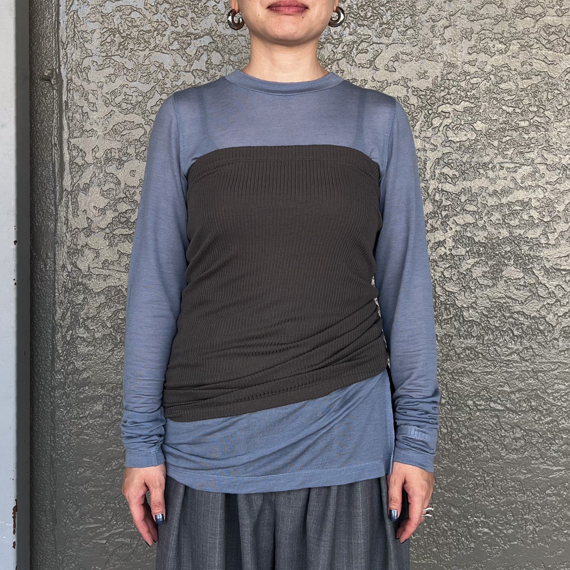 CASHMERE SILK JERSEY LAYERED TOP（BLUE×KHAKI）