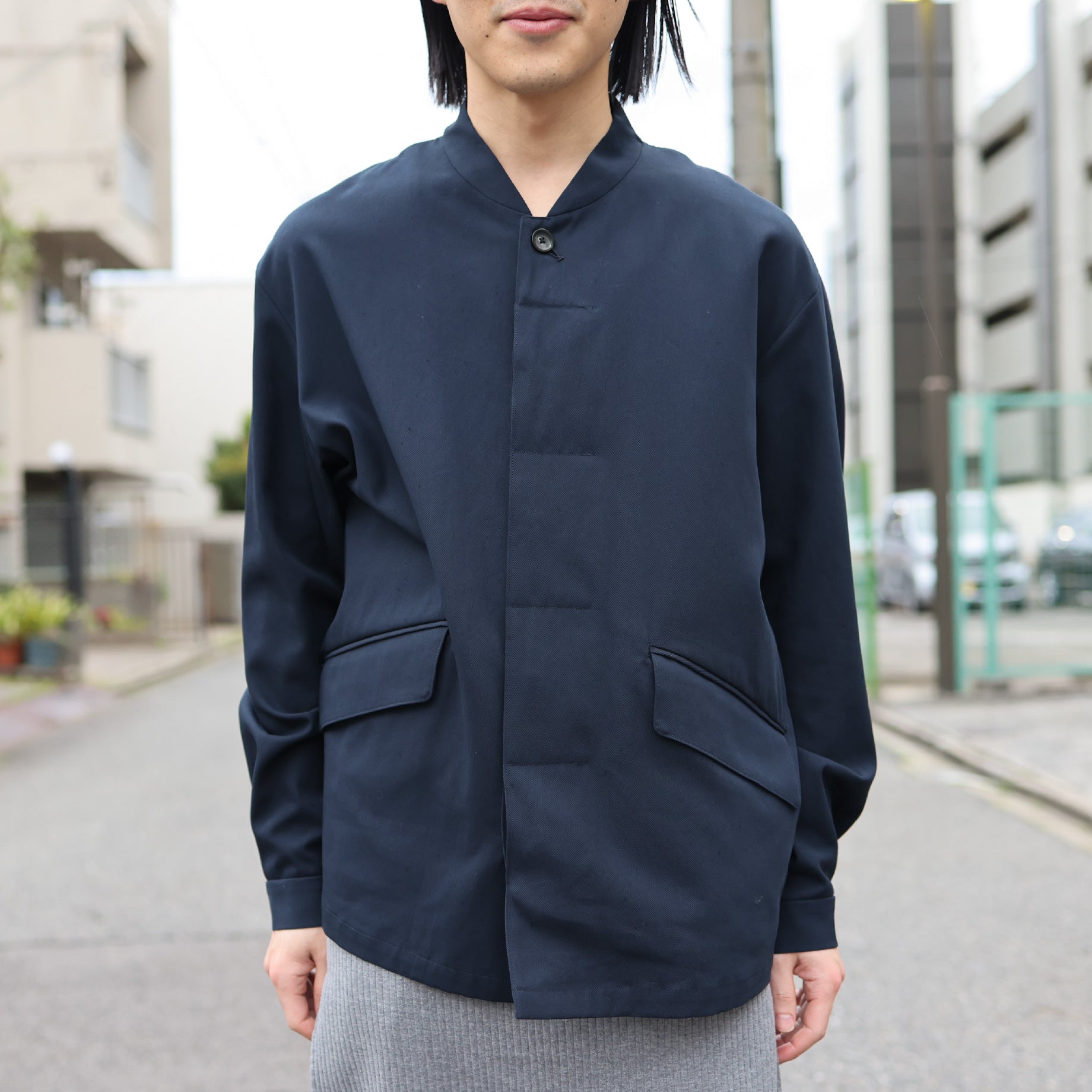 HARD TWIST COTTON - STAND COLLAR JACKET（NAVY）