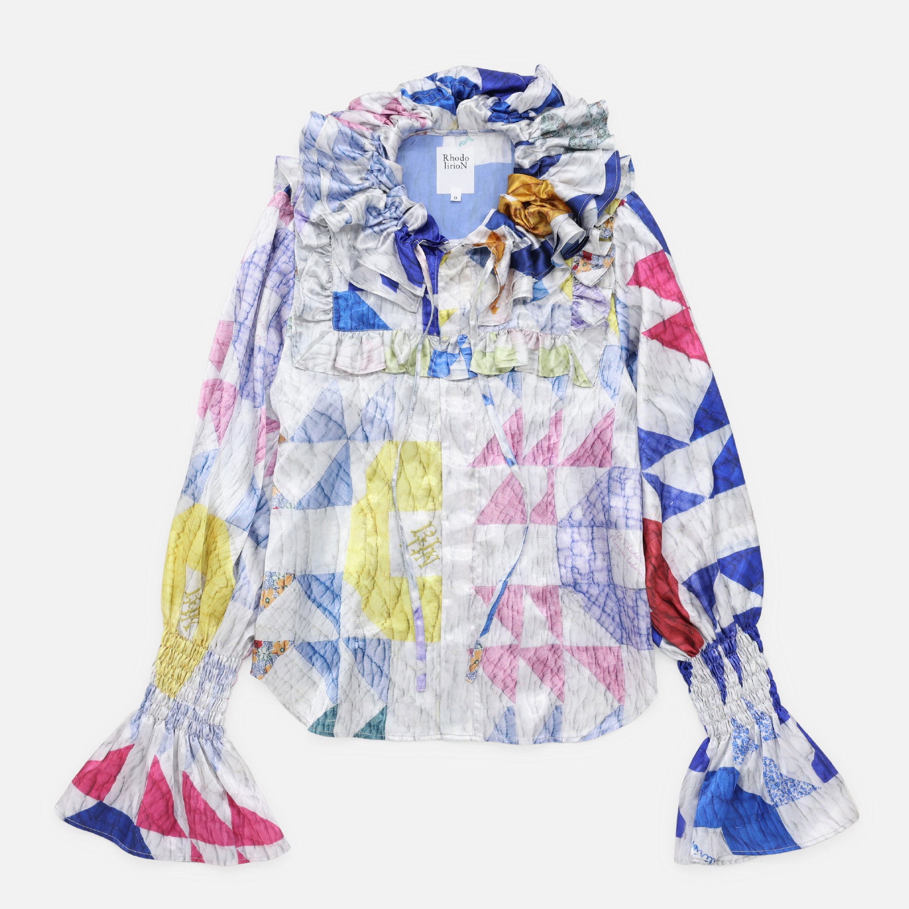 FRILL RIBBON BLOUSE - SATEEN PRINTED PATCHWORK QUILT（PATCHWORK）
